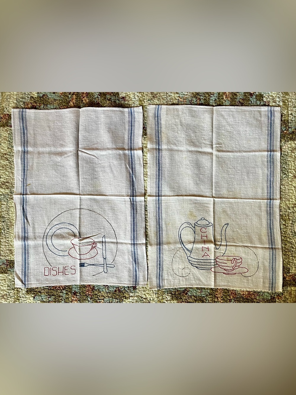 Vintage hand embroidered tea towel set